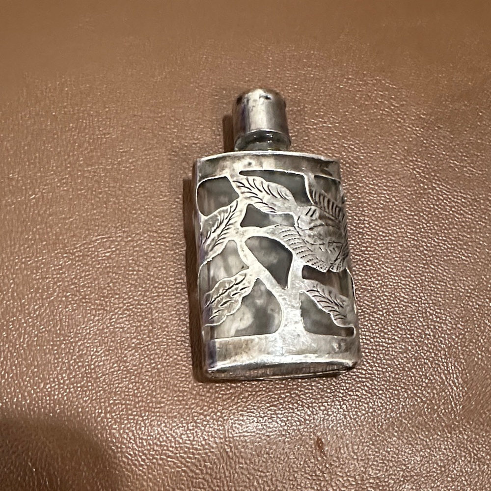 Vintage Sterling Silver Overlay Glass Perfume Bottle | Mexico Floral Design